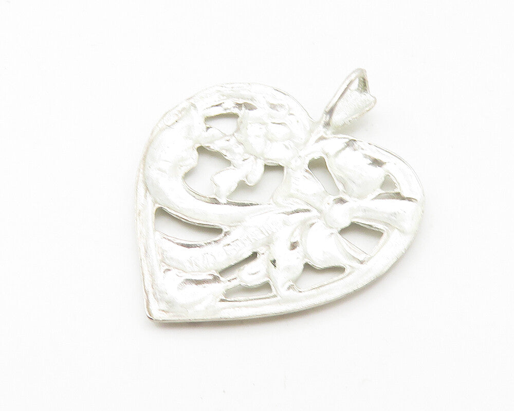 925 Sterling Silver  Vintage Shiny Diamond Cut Ribbon Heart Pendant  PT8690