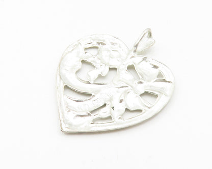 925 Sterling Silver  Vintage Shiny Diamond Cut Ribbon Heart Pendant  PT8690