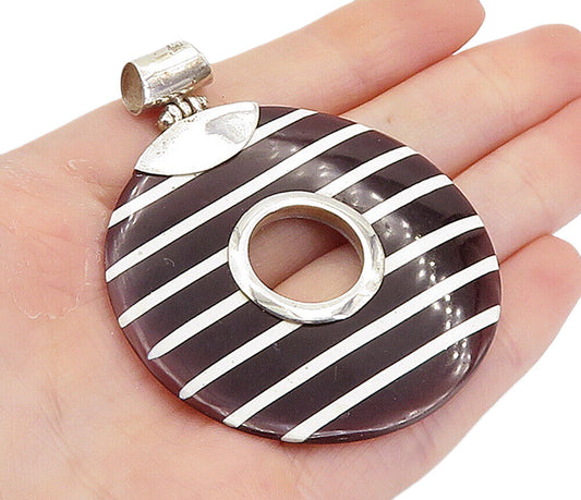 925 Sterling Silver  Brown Agate Striped Open Circle Drop Pendant  PT6093