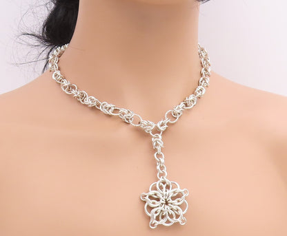 925 Sterling Silver Vintage Necklace Elegant Intricate Link Floral Chain  NE4875