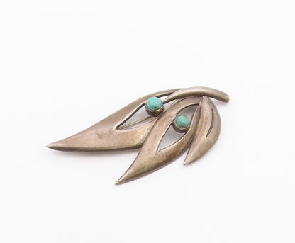MEXICO 925 Silver  Vintage Tri Cutout Leaf Beaded Turquoise Brooch Pin BP10398
