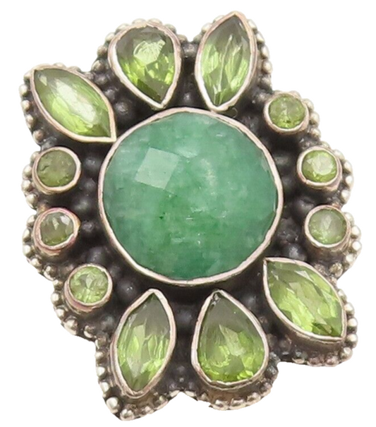 925 Sterling Silver Vintage Ring Peridot & Emerald Floral Inlay  Sz 8  RG29618