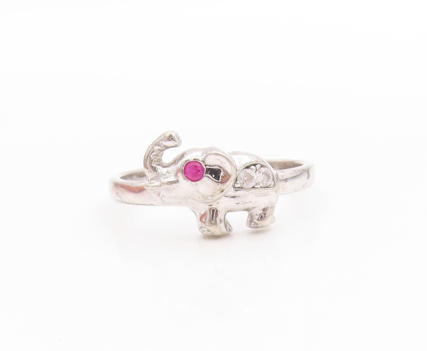 925 Sterling Silver Vintage Ring Ruby Eyed Fortune Elephant Band  Sz 8  RG33587