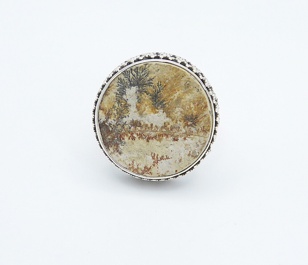 925 Sterling Silver  Brown Jasper Round Shiny Cocktail Ring Sz 10  RG8303