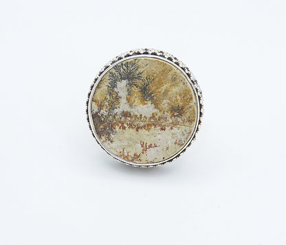 925 Sterling Silver  Brown Jasper Round Shiny Cocktail Ring Sz 10  RG8303