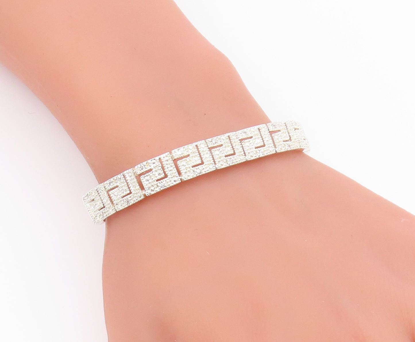 925 Sterling Silver  Vintage Shiny Greek Key Hinge Chain Bracelet  BT8375