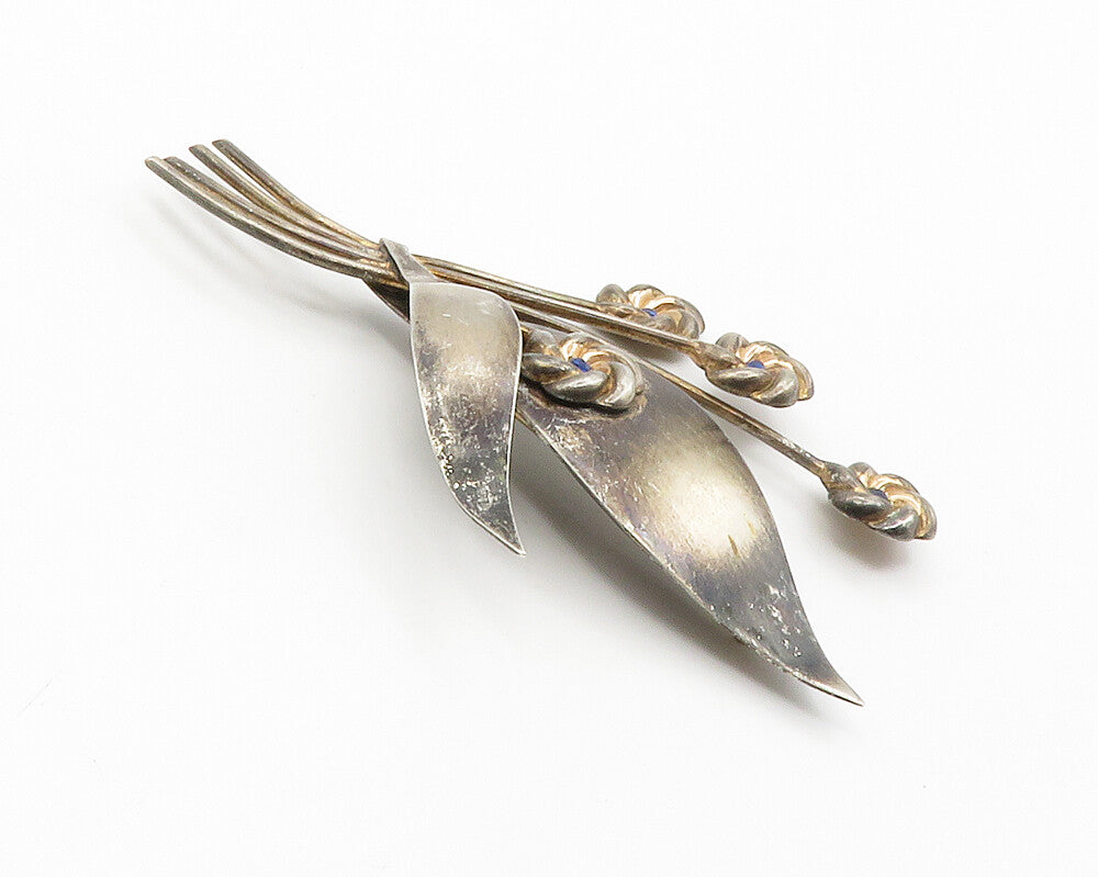 925 Sterling Silver  Vintage Petite Blue Topaz Flowers Brooch Pin  BP5645