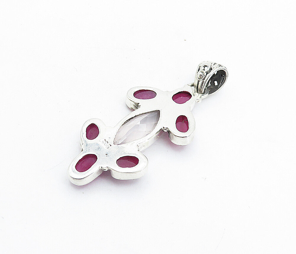 925 Sterling Silver  Vintage Faceted Topaz & Ruby Cluster Drop Pendant  PT4574
