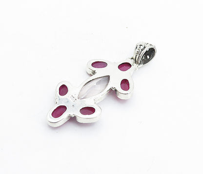 925 Sterling Silver  Vintage Faceted Topaz & Ruby Cluster Drop Pendant  PT4574