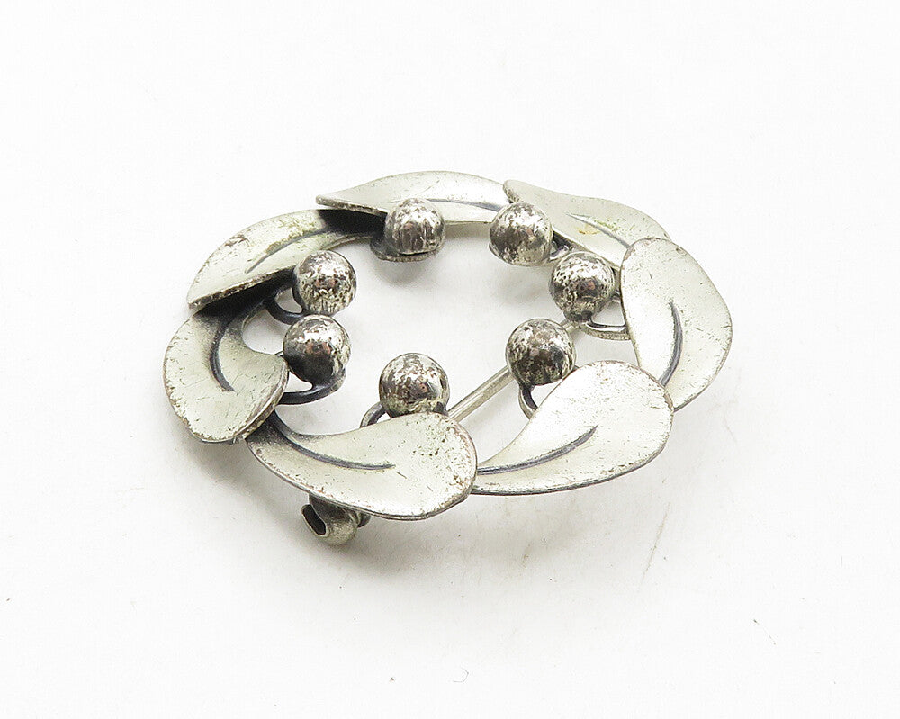BEAU 925 Sterling Silver  Vintage Shiny Floral Leaf Wreath Brooch Pin  BP3773