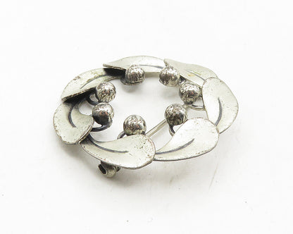 BEAU 925 Sterling Silver  Vintage Shiny Floral Leaf Wreath Brooch Pin  BP3773