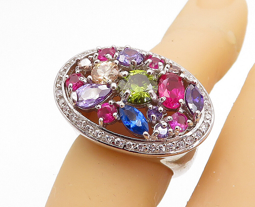 925 Sterling Silver Amethyst Topaz & Peridot Dome Cocktail Ring Sz 6 RG3632