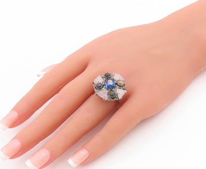 925 Sterling Silver Vintage Ring Geometric Multi Shaped Gemstones  Sz 8  RG33450