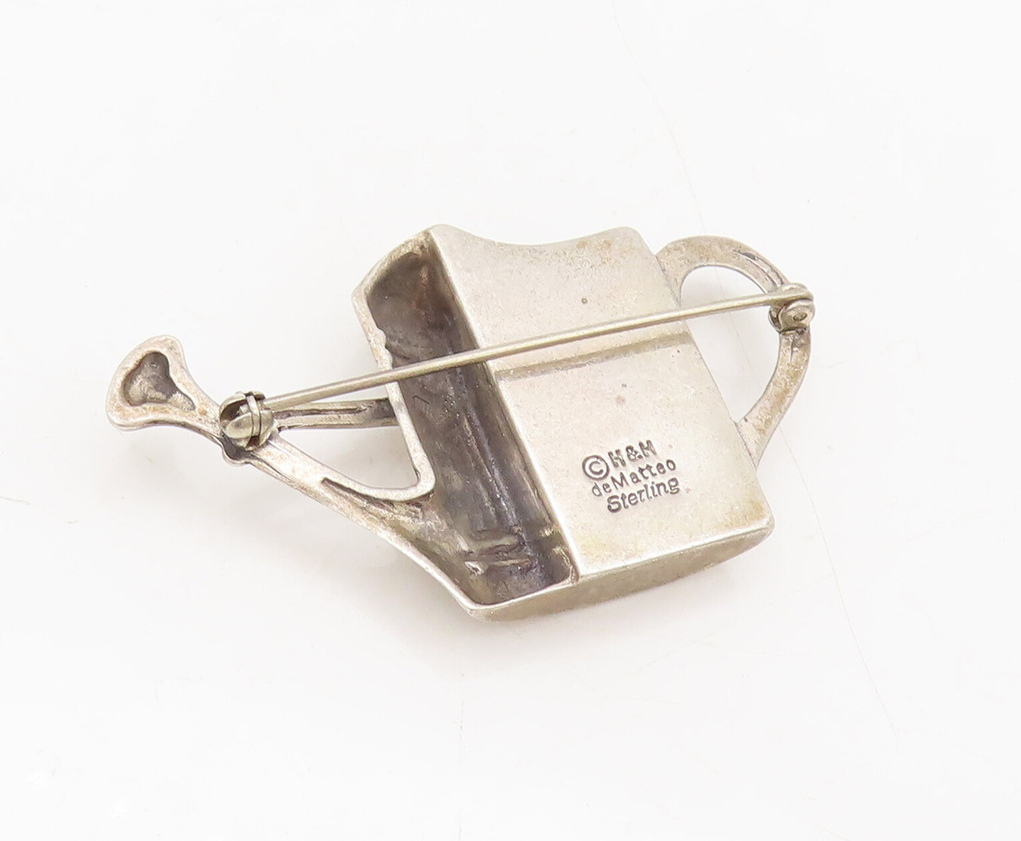 HAND & HAMMER 925 Silver  Vintage Plant Watering Can Solid Brooch Pin  BP10476