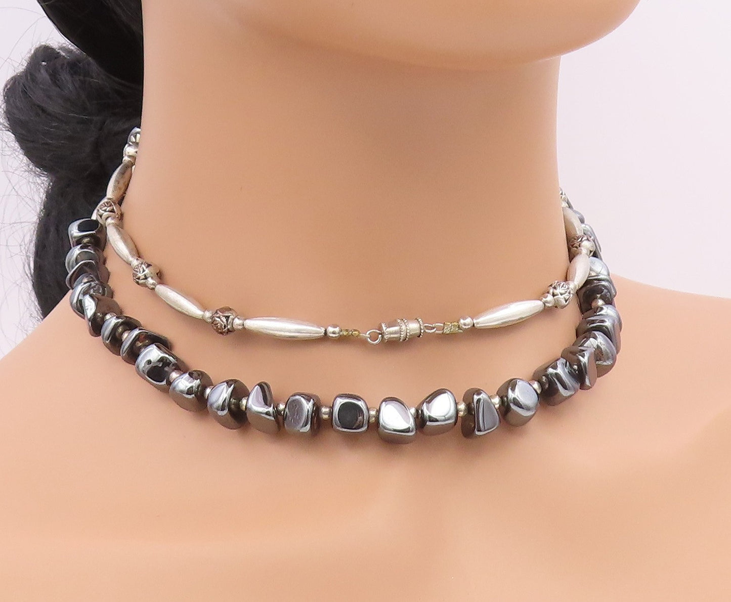 925 Sterling Silver  Vintage Engraved Ball Hematite Layered Necklace  NE3879