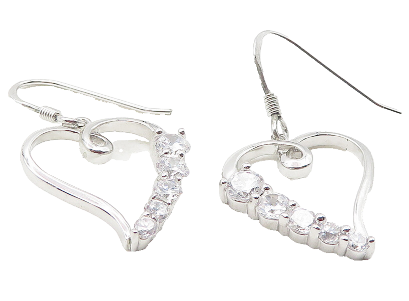 925 Sterling Silver  Shiny White Topaz Open Love Heart Dangle Earrings  EG6096
