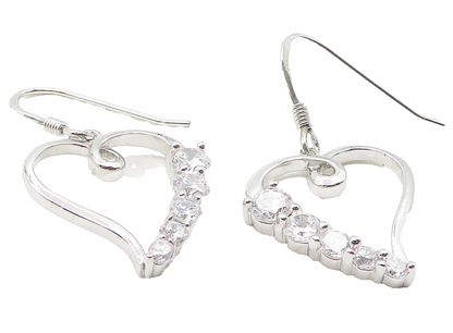 925 Sterling Silver  Shiny White Topaz Open Love Heart Dangle Earrings  EG6096