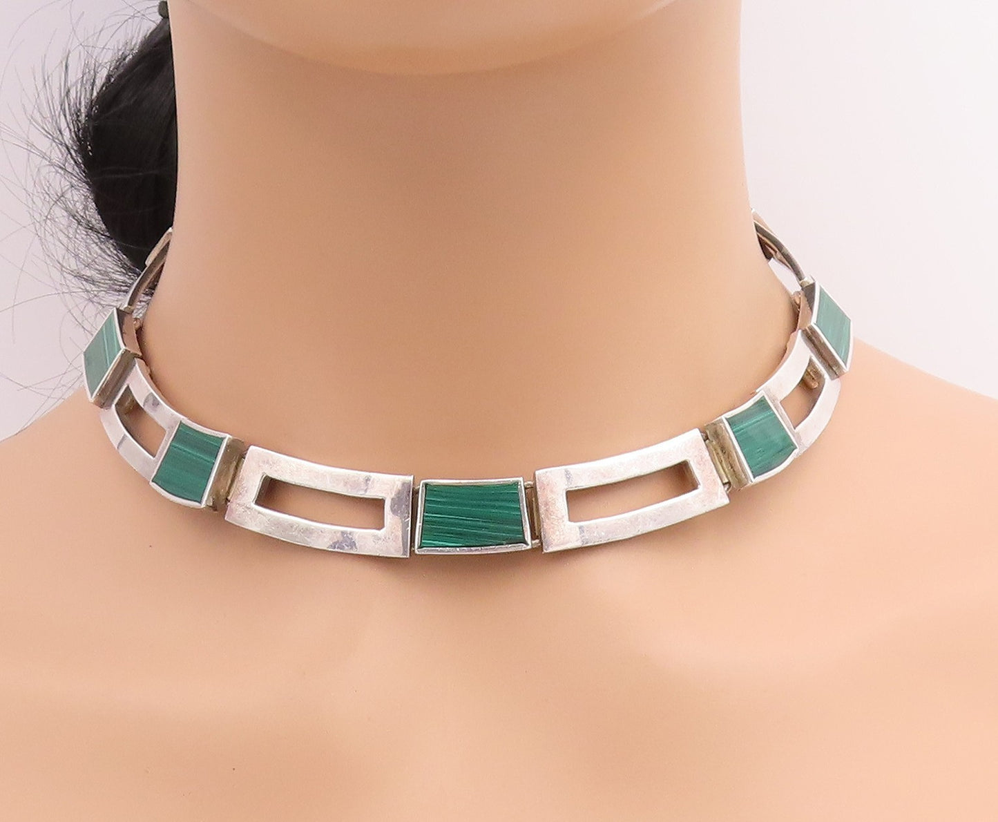 925 Sterling Silver Vintage Necklace MEXICO Malachite Geometric Collar  NE4648