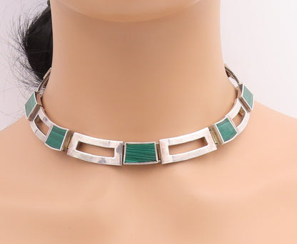 925 Sterling Silver Vintage Necklace MEXICO Malachite Geometric Collar  NE4648