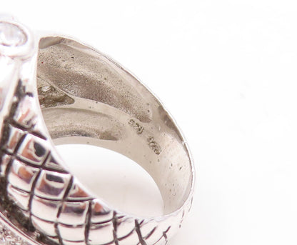 925 Sterling Silver Vintage Ring Net Design Etched Oval CZ Inlay  Sz 6  RG31320