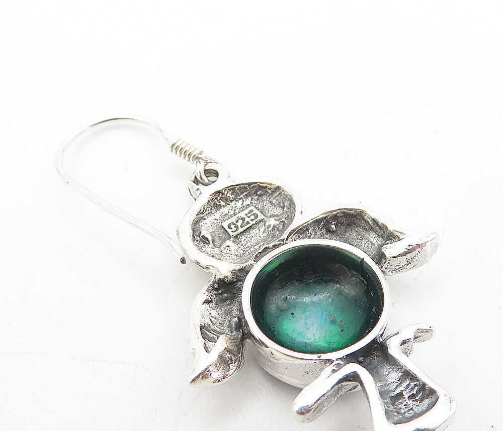 925 Sterling Silver Vintage Abalone Shell Owl Motif Drop Earrings EG3402