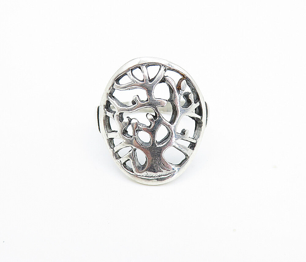 925 Sterling Silver  Vintage Shiny Tree Of Life Motif Band Ring Sz 7.5  RG7952