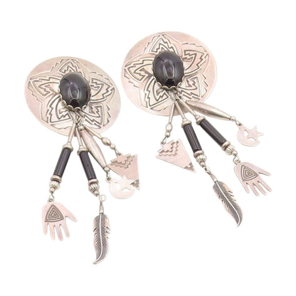 925 Sterling Silver Vintage Earrings DEBORAH WEST Black Onyx Dangles  EG14064