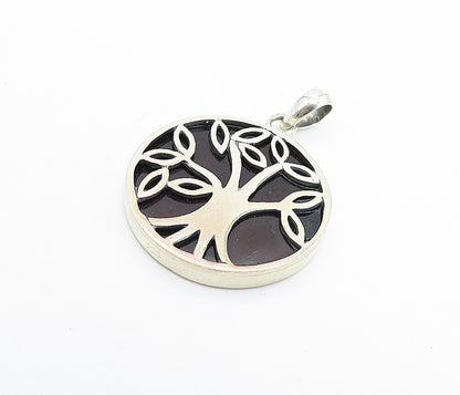 925 Sterling Silver  Vintage Black Onyx Tree Of Life Shiny Pendant  PT5782