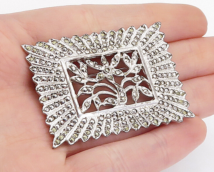 925 Sterling Silver  Vintage Sparkling Bordered Floral Brooch Pin  BP1421