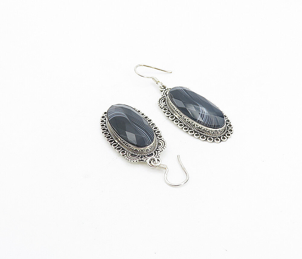 925 Sterling Silver  Vintage Faceted Black Agate Oblong Dangle Earrings EG3751