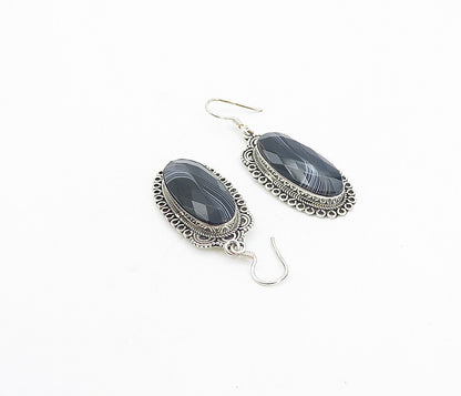925 Sterling Silver  Vintage Faceted Black Agate Oblong Dangle Earrings EG3751