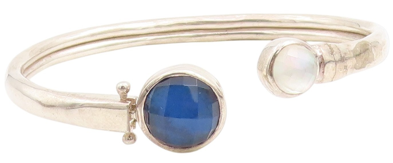 925 Sterling Silver Vintage Bracelet Round Gemstone Open Hook Bangle  BT11434