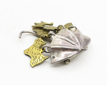 MEXICO 925 Sterling Silver  Vintage Raining Cats & Dogs Brooch Pin  BP3982