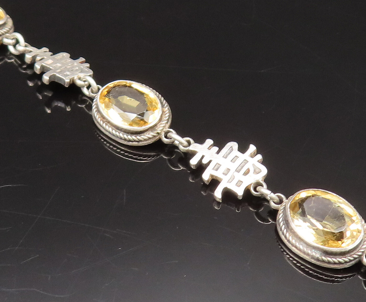925 Silver  Vintage Oval Citrine & Chinese Character Chain Bracelet  BT9762