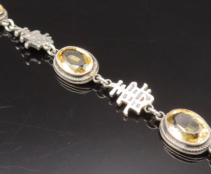 925 Silver  Vintage Oval Citrine & Chinese Character Chain Bracelet  BT9762