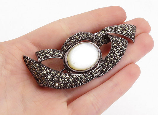 925 Sterling Silver  Vintage Mother Of Pearl & Marcasite Brooch Pin  BP2308