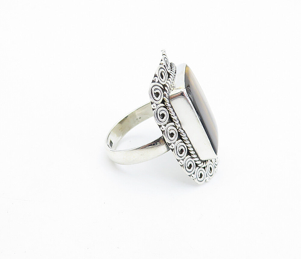 925 Sterling Silver  Tiger's Eye Spiral Border Cocktail Ring Sz 9  RG7878