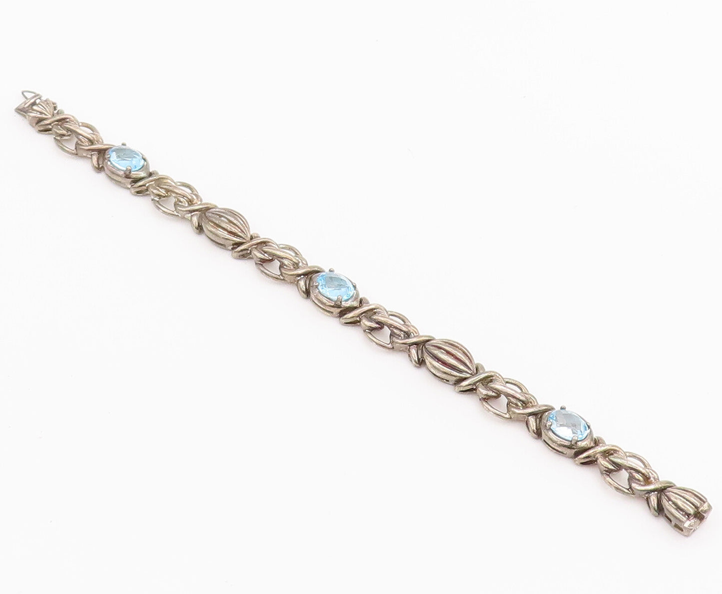 925 Sterling Silver Vintage Bracelet Blue Topaz Carved Knotted Link  BT10208