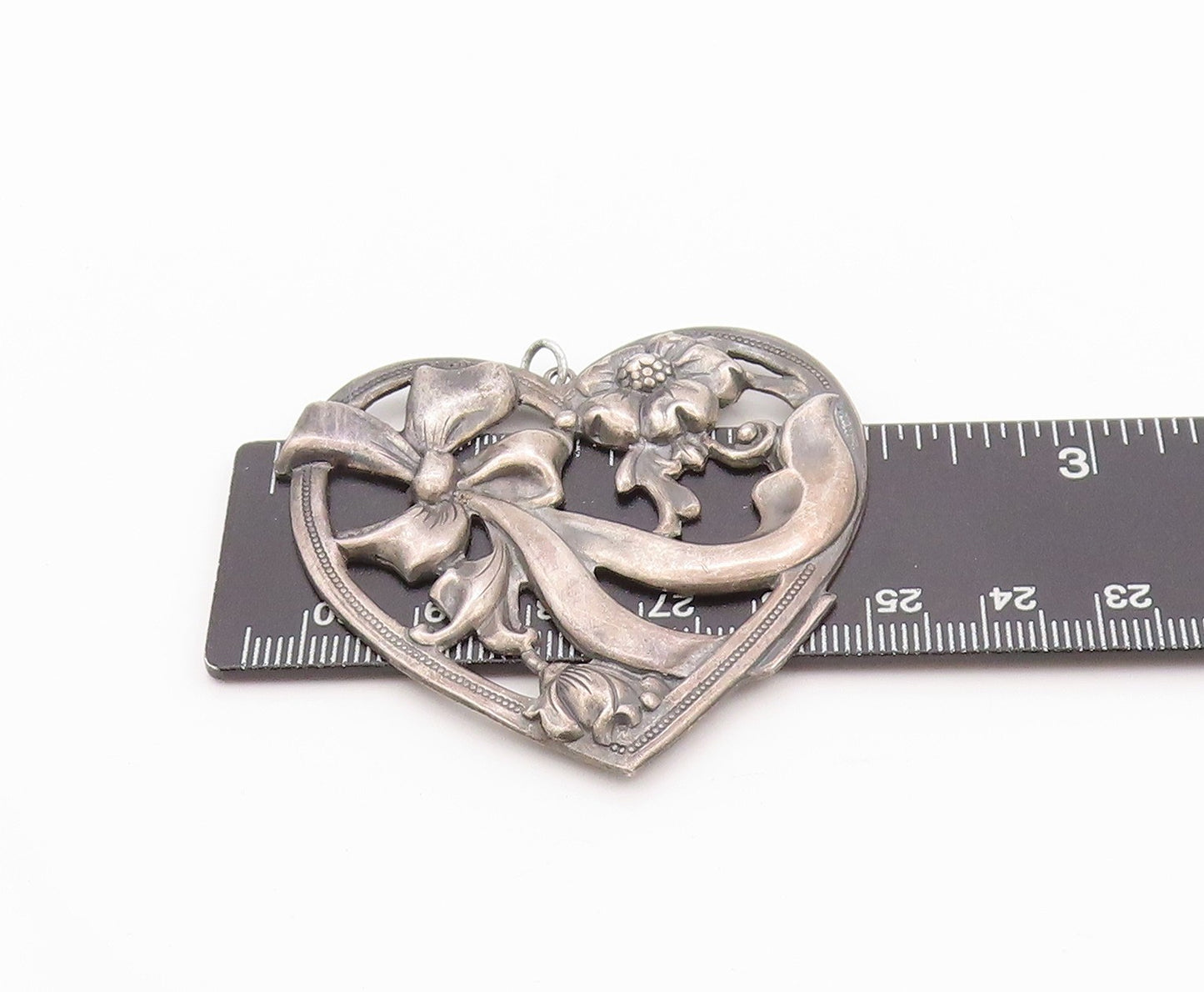 925 Sterling Silver Vintage Pendant Dark Tone Floral Love Heart Cutout  PT24025