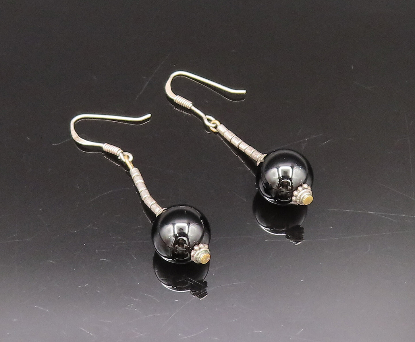 925 Silver  Vintage Detailed Bar & Black Onyx Bead Ball Drop Earrings  EG12281