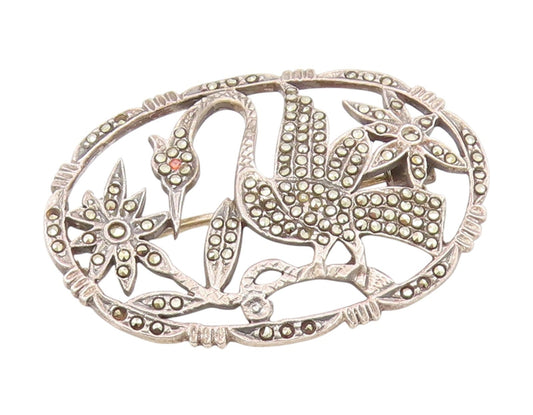 925 Sterling Silver Vintage Brooch Pin Marcasite Swan & Foliage Cutout  BP12208