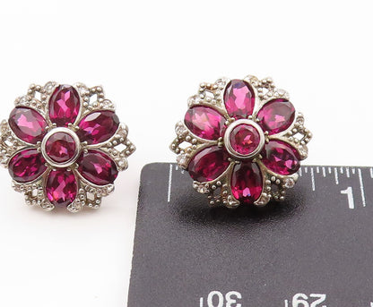 925 Sterling Silver Vintage Earrings Oval Cut Amethyst & CZ Flower EG13392