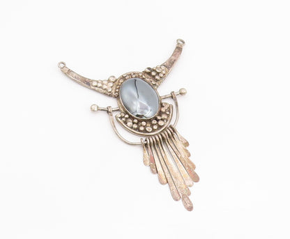 925 Sterling Silver Vintage Pendant Oval Hematite Bohemian Feather Drop  PT25171