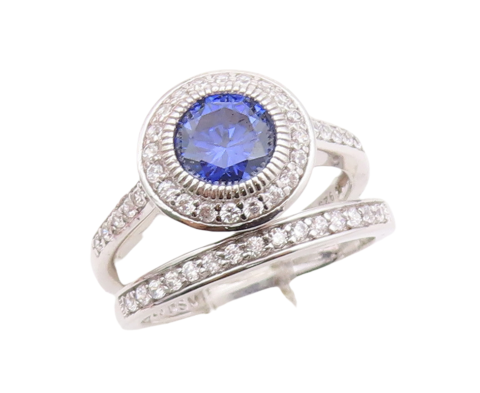 925 Sterling Silver Vintage Ring Designer Stackable Sapphire & CZ Sz 7 RG30875