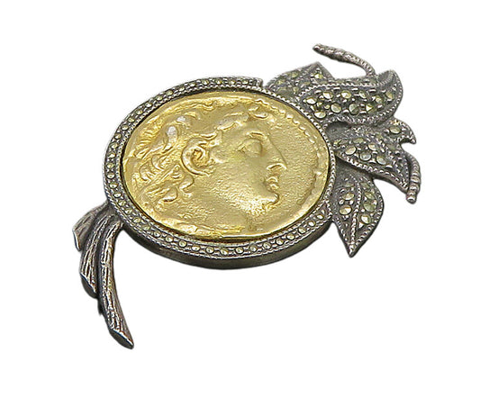 JUDITH JACK 925 Silver  Vintage Marcasite Floral Man Profile Brooch Pin BP9146