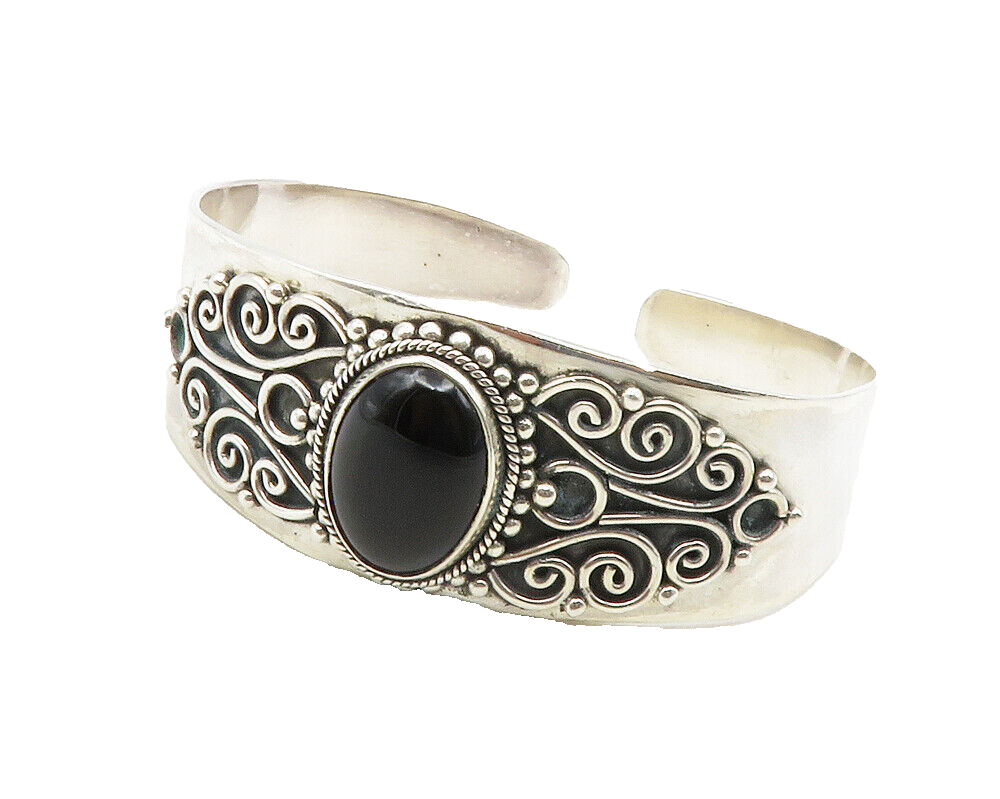 BALI 925 Silver  Vintage Cabochon Black Onyx Swirl Vine Cuff Bracelet  BT4697