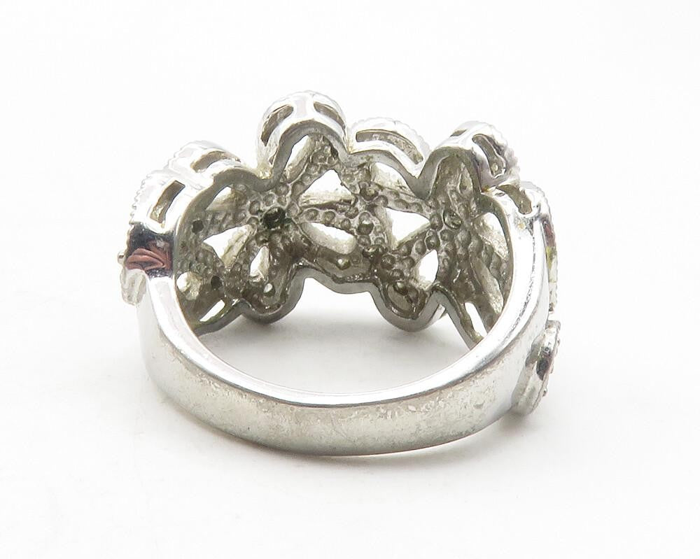 925 Sterling Silver  Vintage Topaz Open Retro Flowers Band Ring Sz 6   RG12023