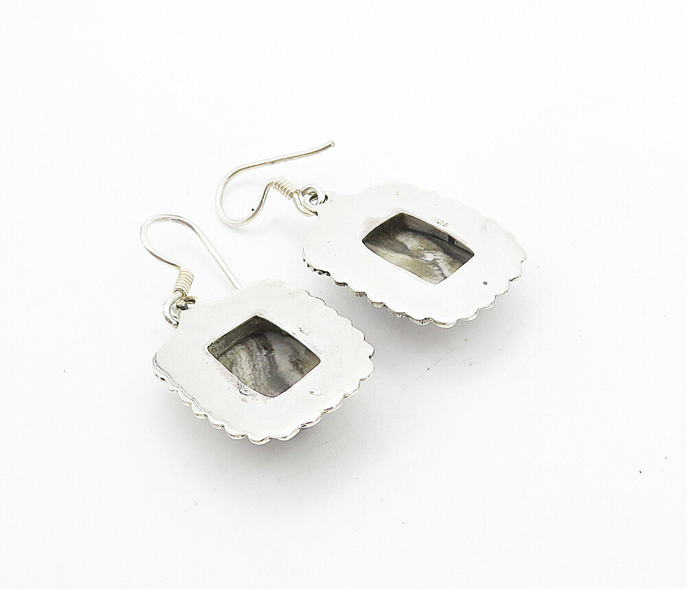 925 Sterling Silver  Vintage Cabochon Cut Grey Agate Dangle Earrings  EG3224