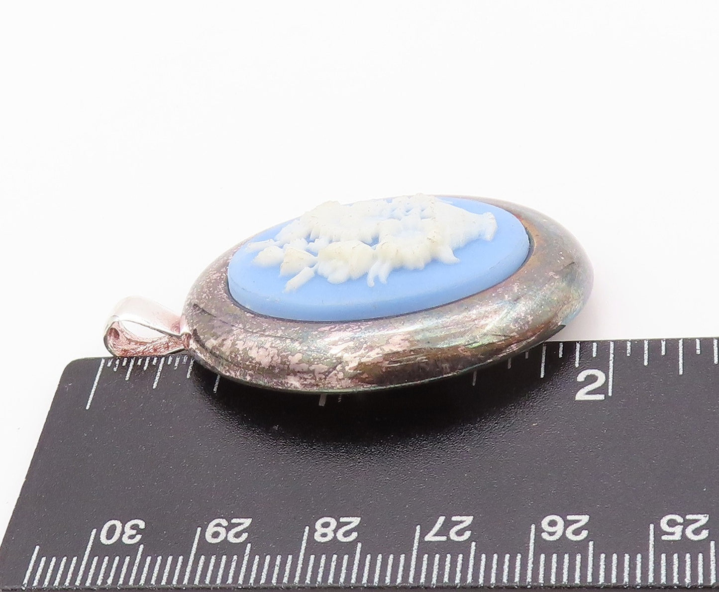 925 Sterling Silver Vintage Brooch Pin Blue Flower Vase Cameo  BP11594