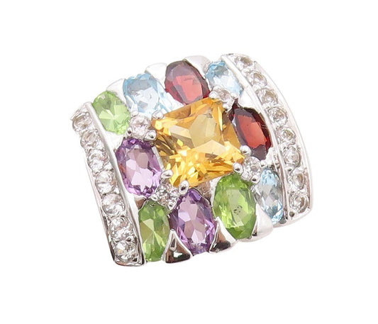 925 Sterling Silver Vintage Ring Multi Shape Multicolor Gemstone Sz 7.5  RG30048